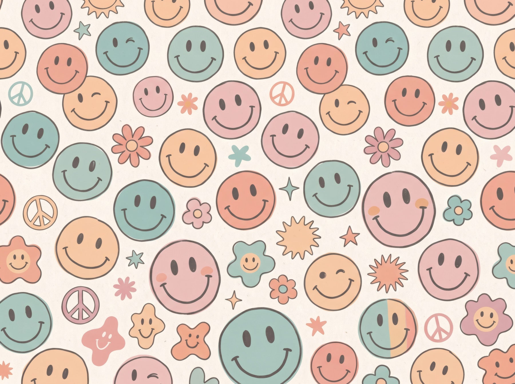 Papier peint panoramique mural rétro à visages joyeux et sourires psychédéliques