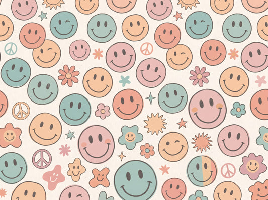Papier peint panoramique mural rétro à visages joyeux et sourires psychédéliques