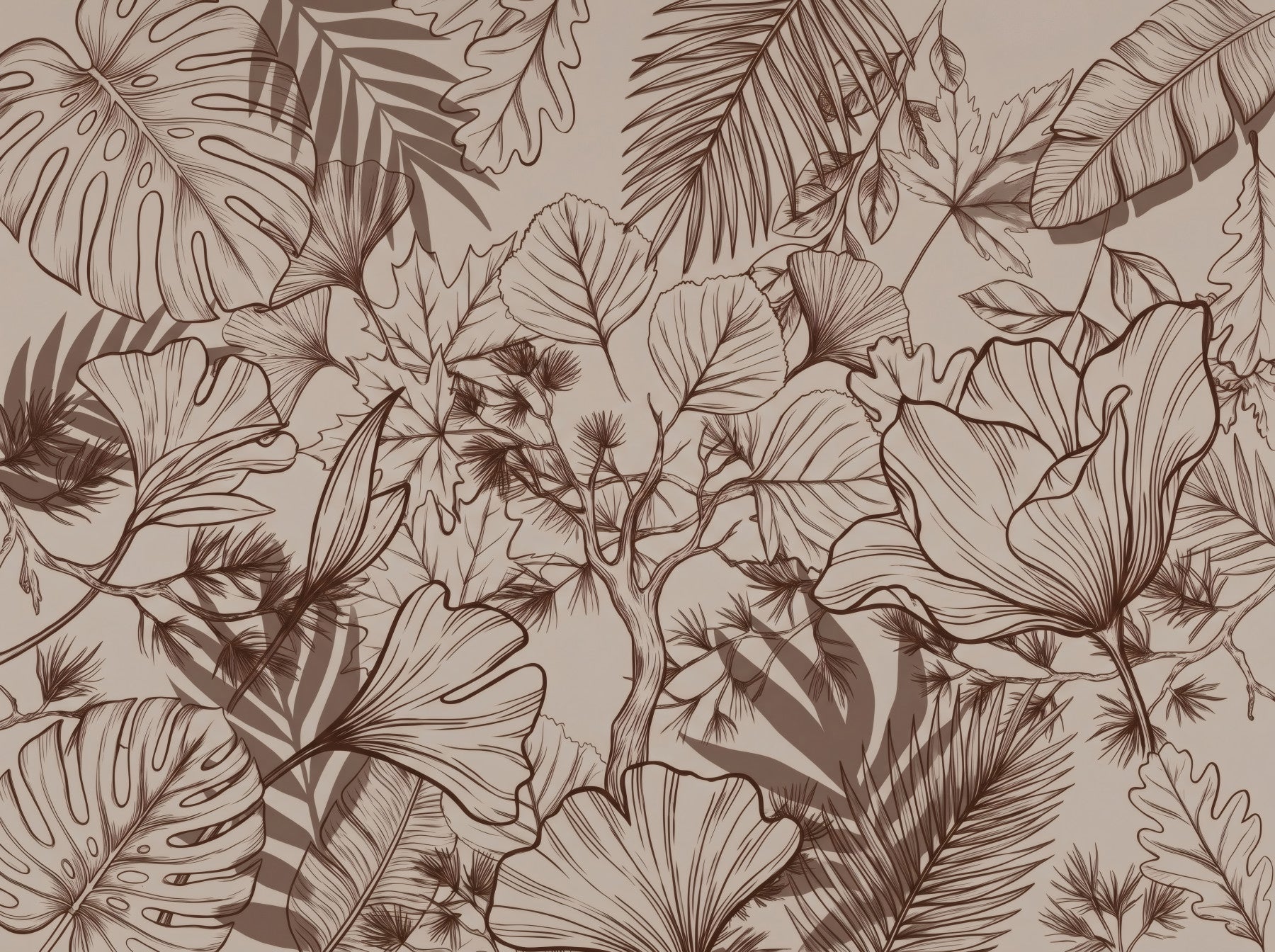 Papier peint panoramique mural botanique monochrome en dessin au trait