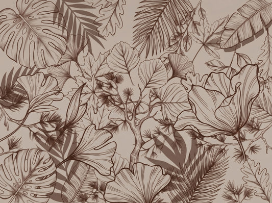 Papier peint panoramique mural botanique monochrome en dessin au trait
