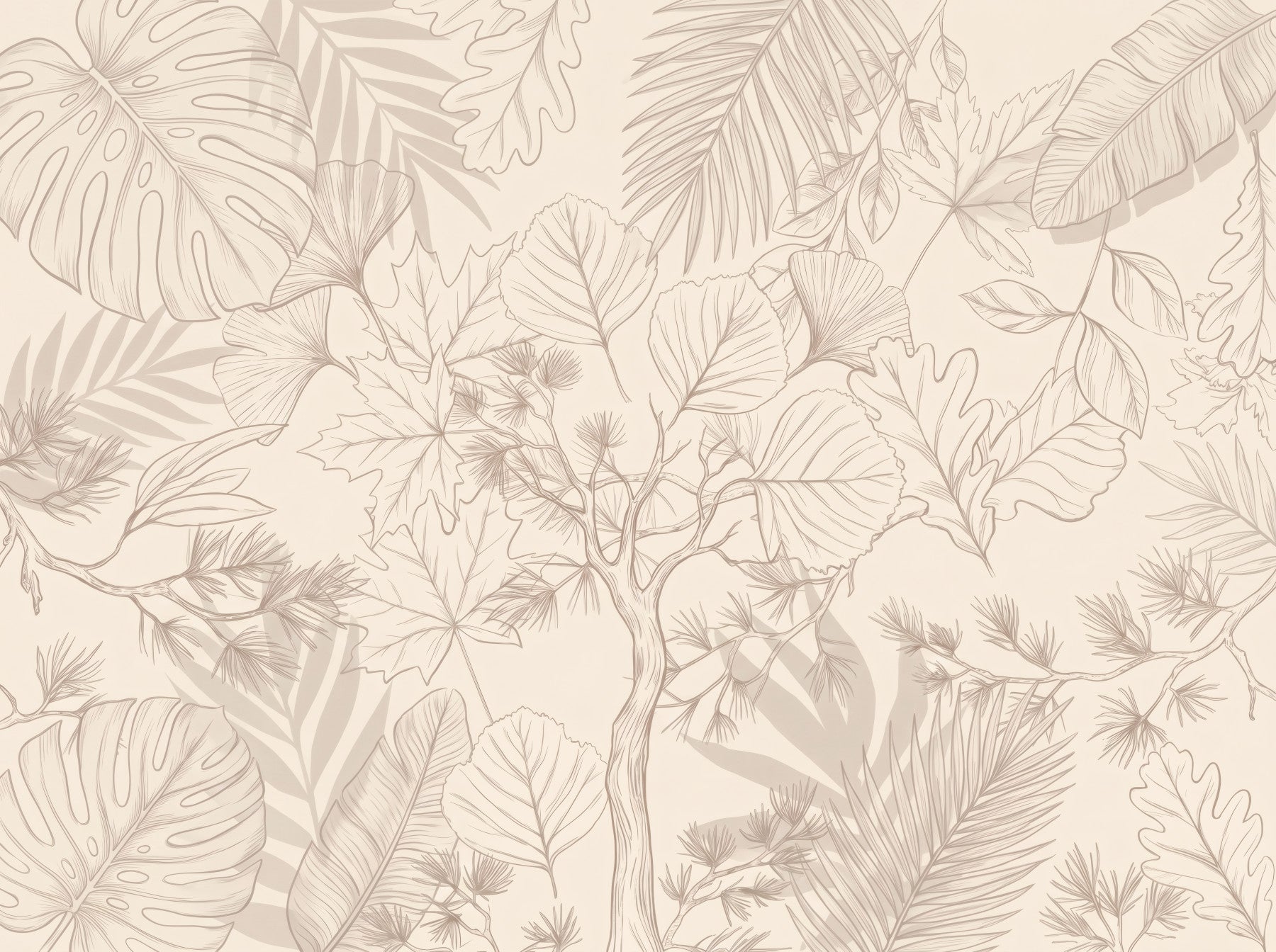 Papier peint panoramique crème avec croquis de feuilles botaniques