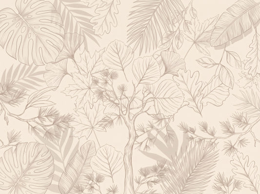 Papier peint panoramique crème avec croquis de feuilles botaniques