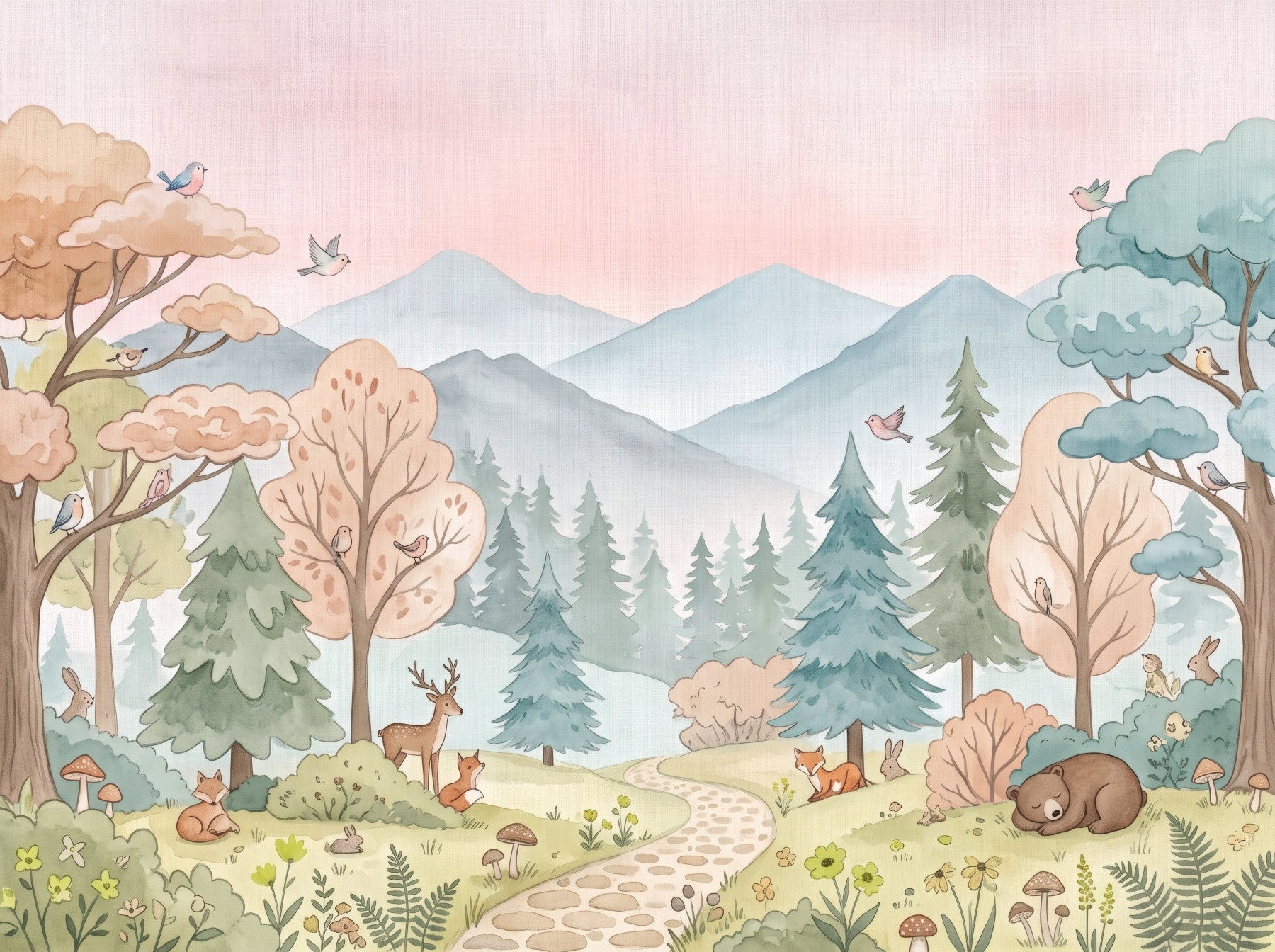 Fresque murale représentant un sentier forestier enchanteur dans les bois