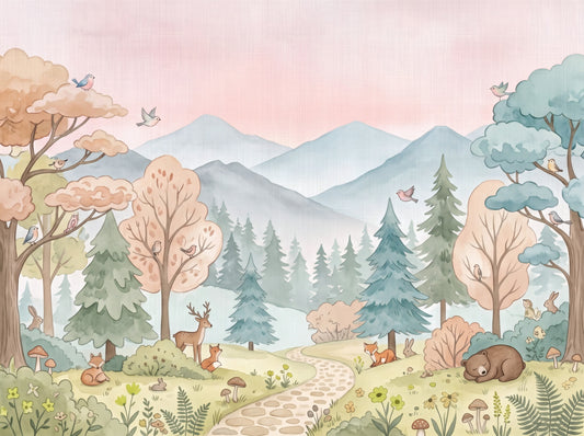 Fresque murale représentant un sentier forestier enchanteur dans les bois