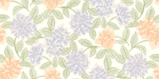 Carta da parati con schizzo di giardino color cipria e pervinca