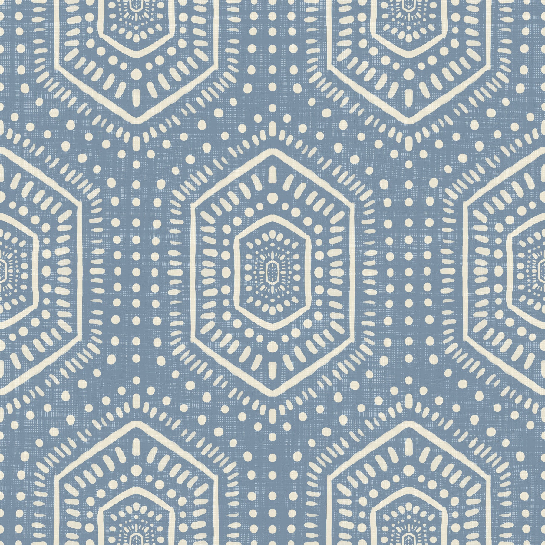 Boho-Gemälde – Abstrakte Mudcloth-Hexagone, ethnisches geometrisches Muster, Jeansjacke-Blau, Tapete