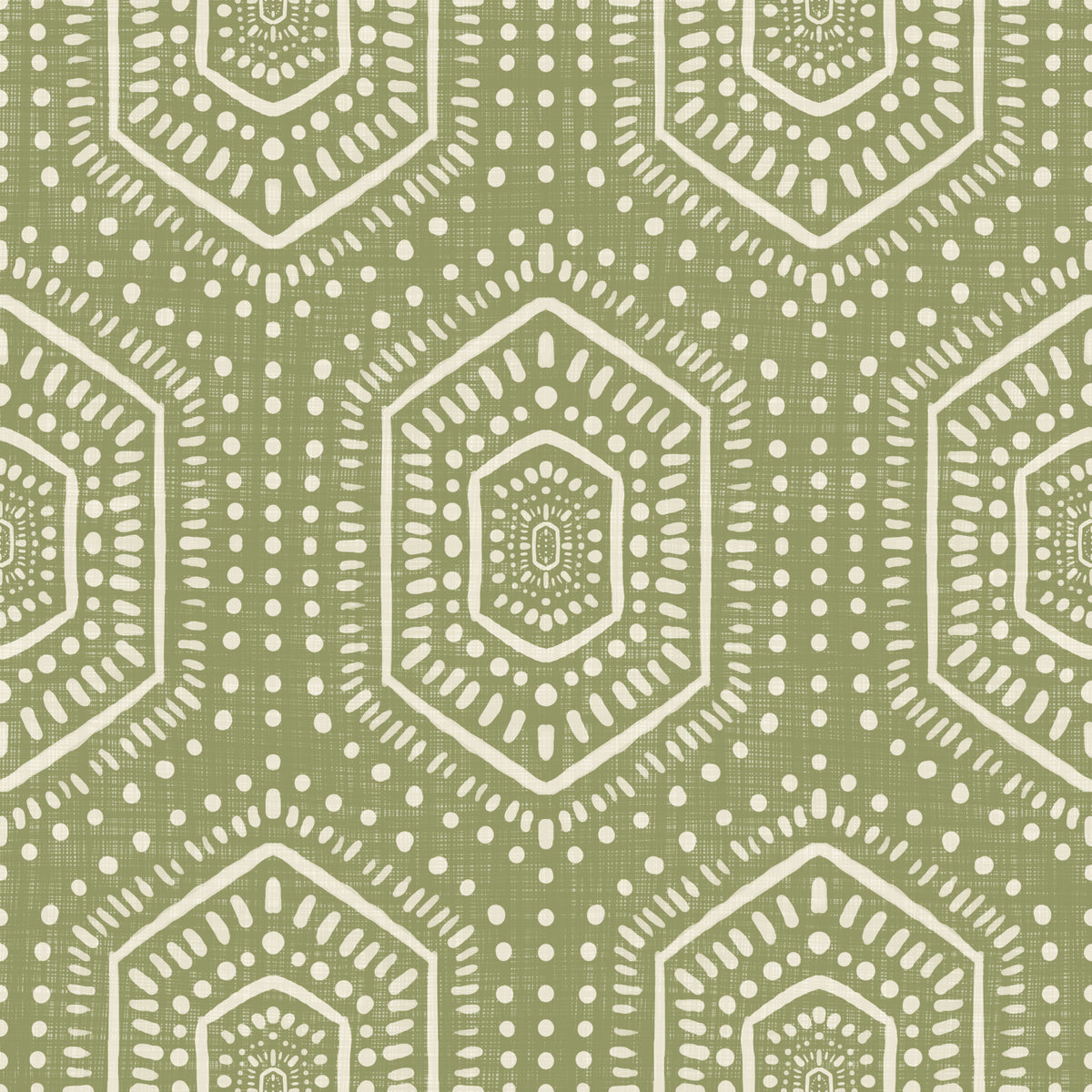 Boho-Gemälde – abstraktes Mudcloth-Sechseck-Muster mit tribalem geometrischem Muster in Wiesengrün als Tapete