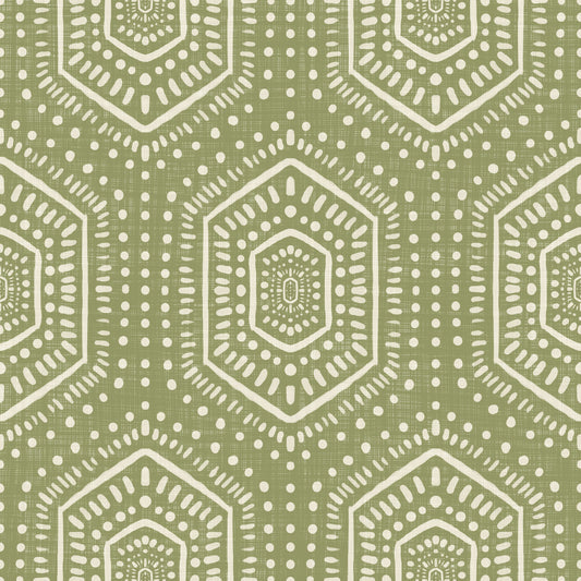 Boho dipinto – Carta da parati verde prato con motivo geometrico tribale astratto a esagoni Mudcloth