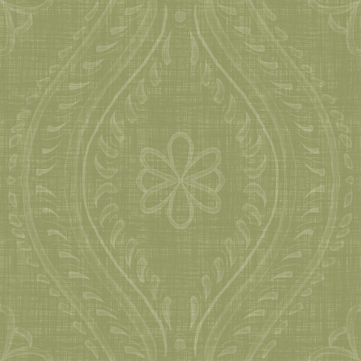 Papier peint à motif ogee damassé délavé – vert prairie in your room — zoomed