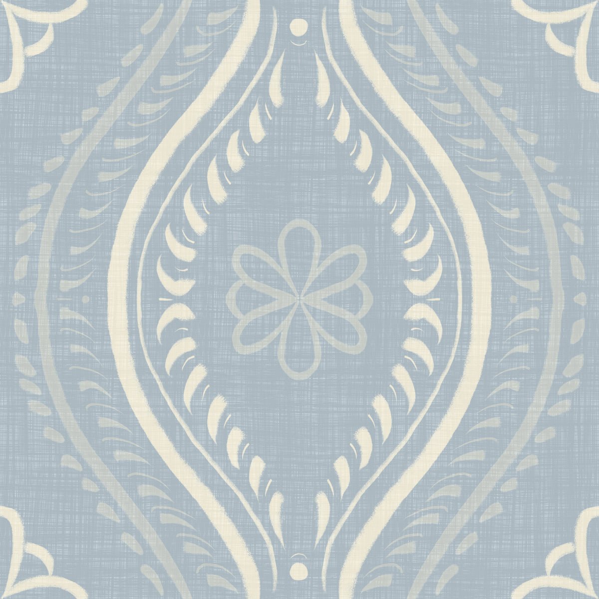 Papel tapiz azul estilo campestre francés con damasco ogee desvanecido