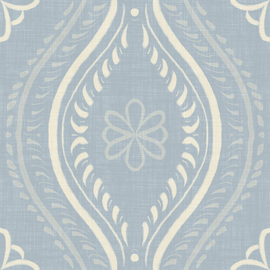 Carta da parati Faded Ogee Damask - French Country Blue