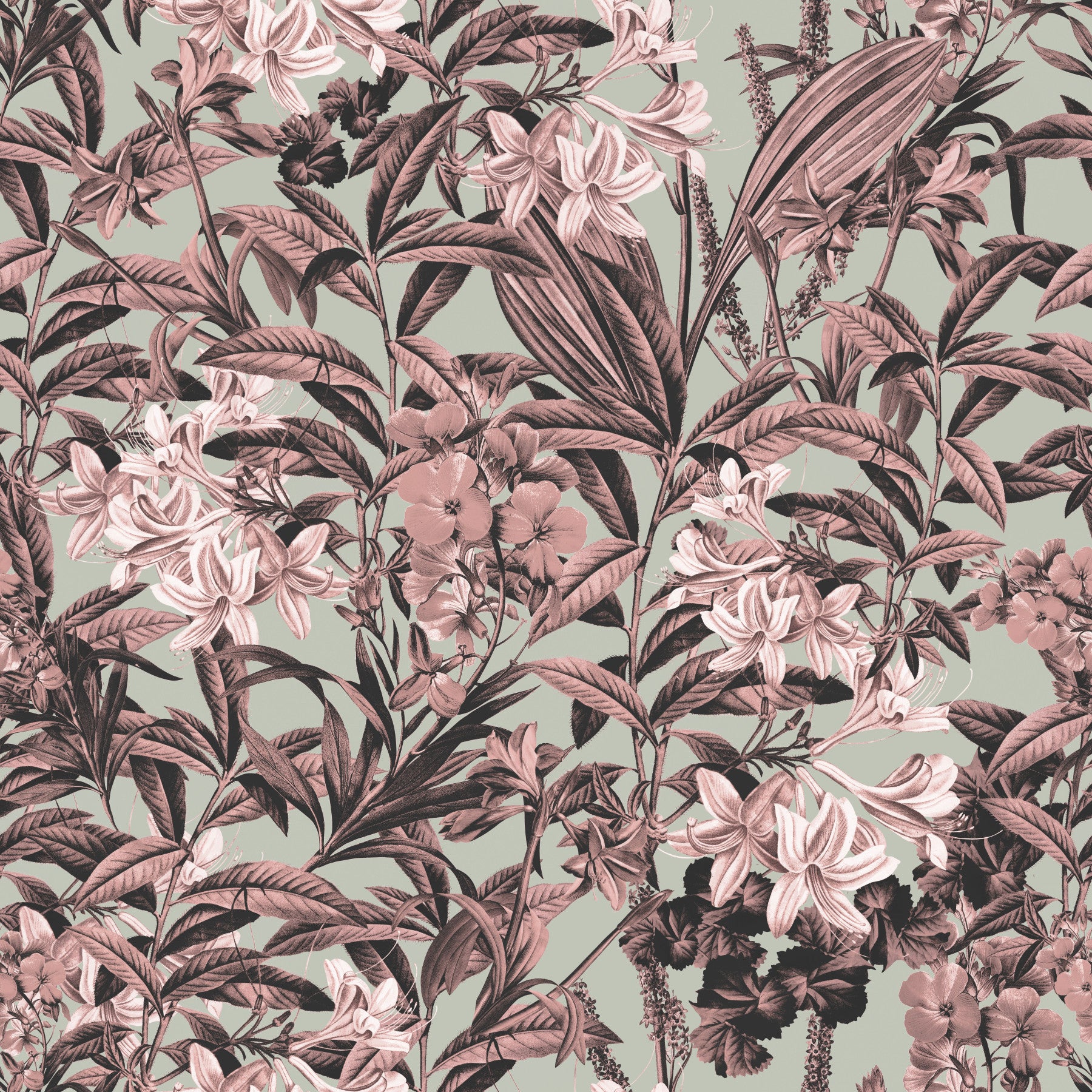 Carta da parati con motivo di giardino di rose e salvia tenue