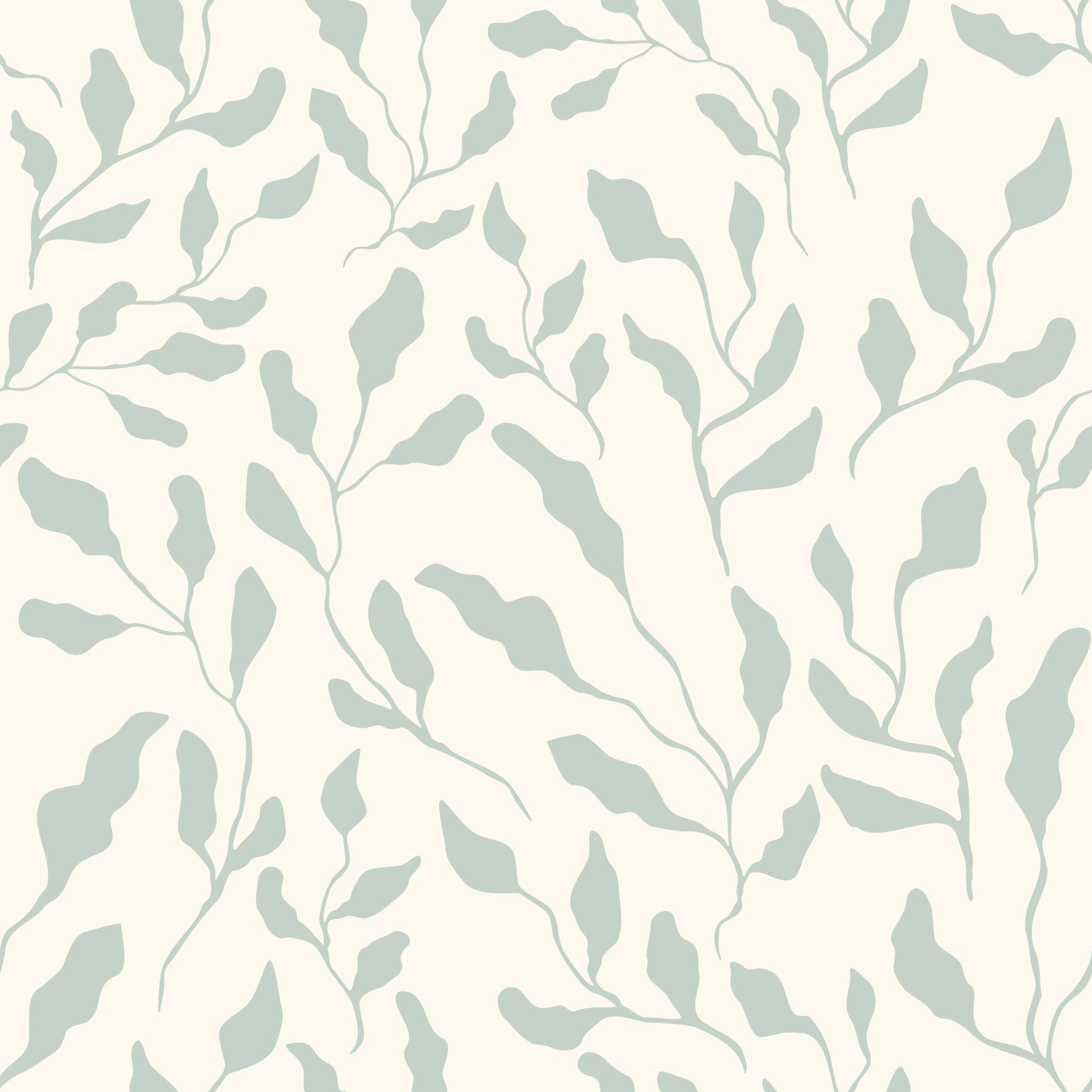 Papel de parede com padrão repetido de folhas em creme e verde-sálvia