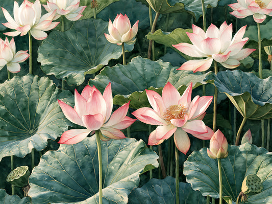 Serene Lotus Pond Botanical Illustration Wall Mural