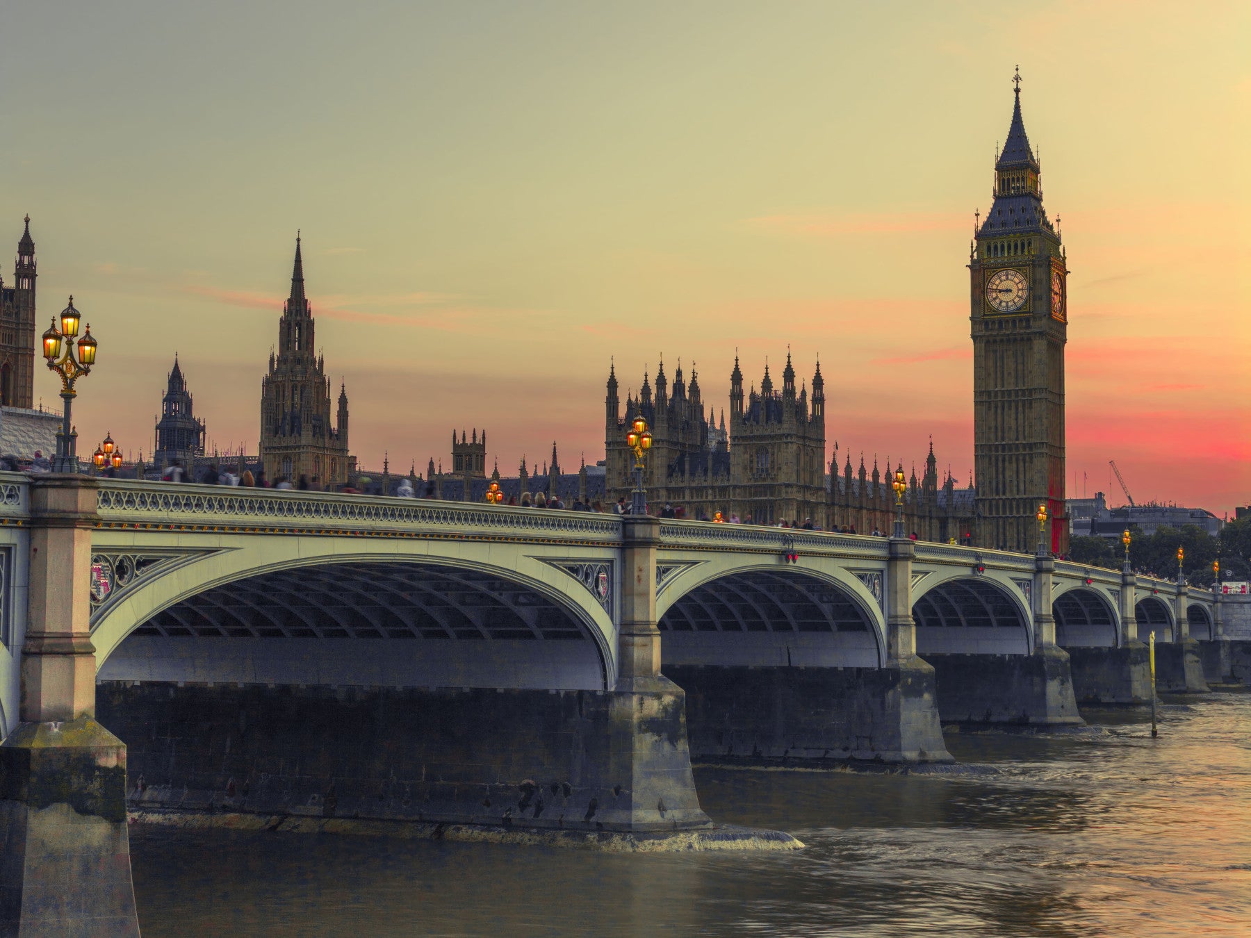 Wandgemälde „Silhouette des Sonnenuntergangs an der Westminster Bridge“