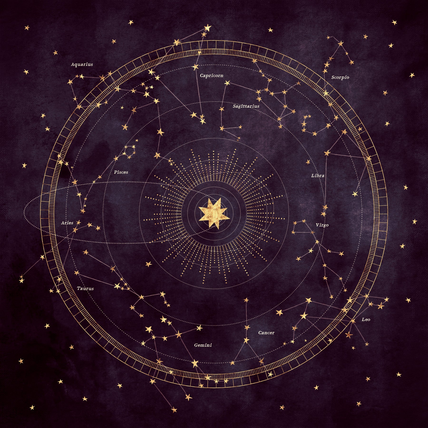 Murale da parete con mappa dorata dello zodiaco celeste