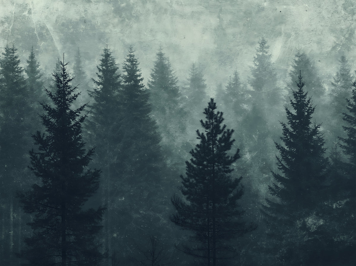 Mural de pared con silueta de bosque de pinos brumoso in your room — zoomed