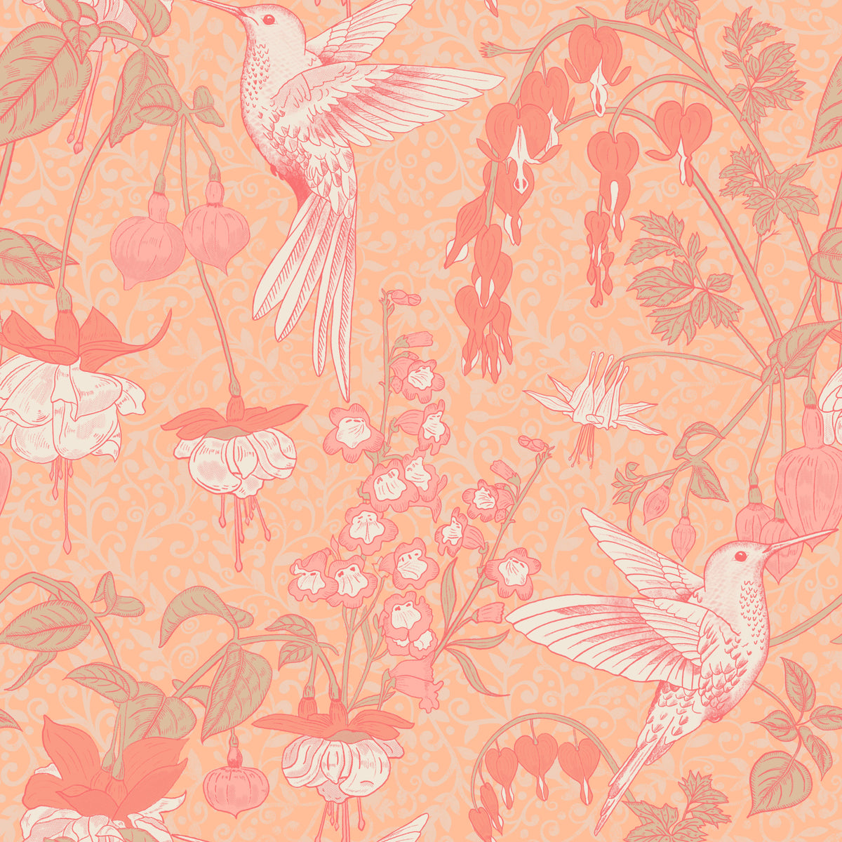 Carta da parati con colibrì e giardino di fucsie in your room