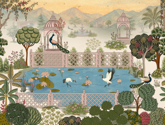 Mural de parede com vista serena para um lago de lótus e um pavilhão