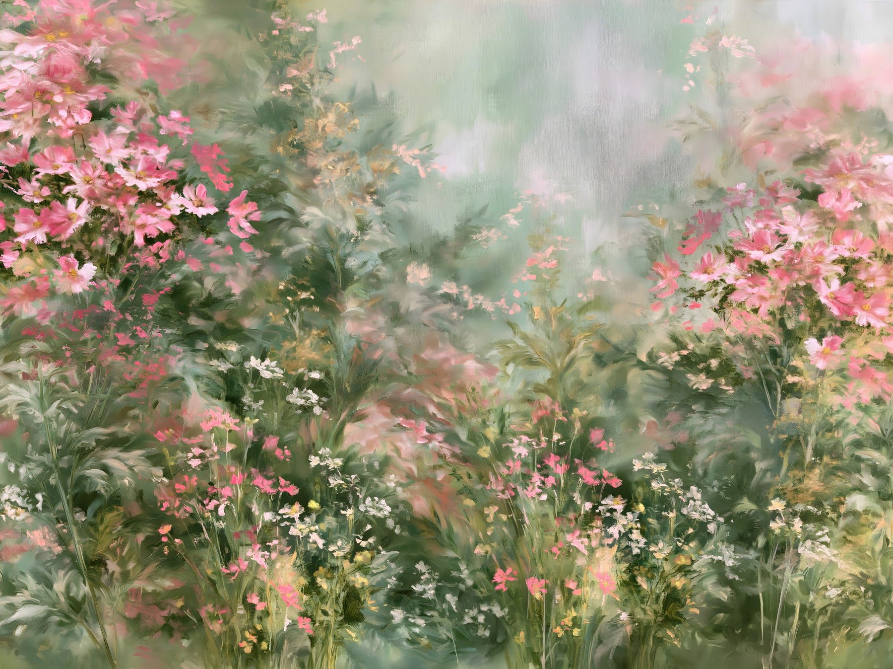 Impressionistisk vægmaleri med lyserød blomstrende eng