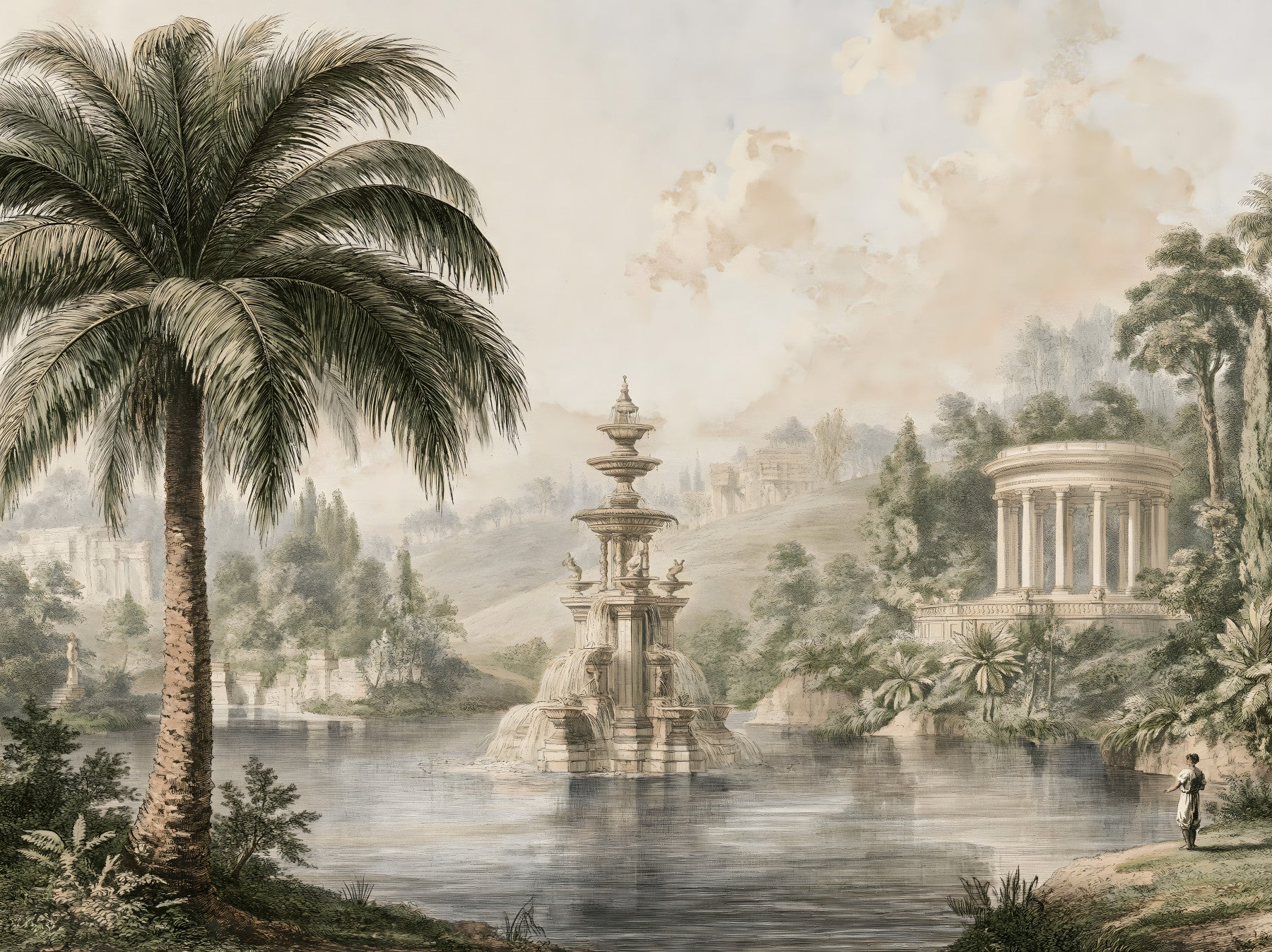 Wandgemälde „Ruhiger Parkteich und klassische Architektur“