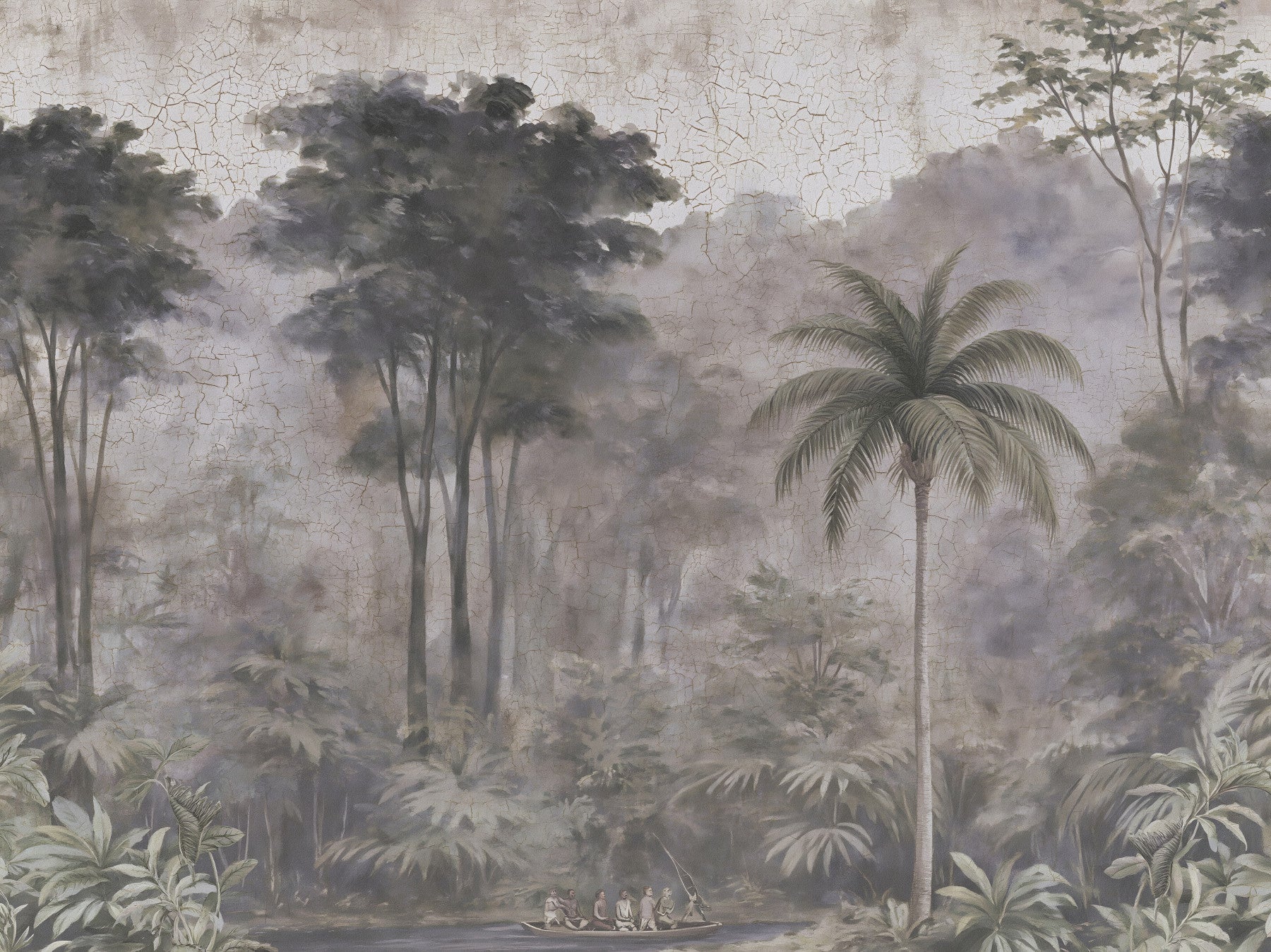 Fresque murale représentant une expédition sur une rivière brumeuse