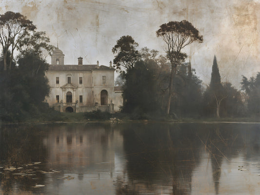 Fresque murale du manoir au bord du lac, villa italienne rustique