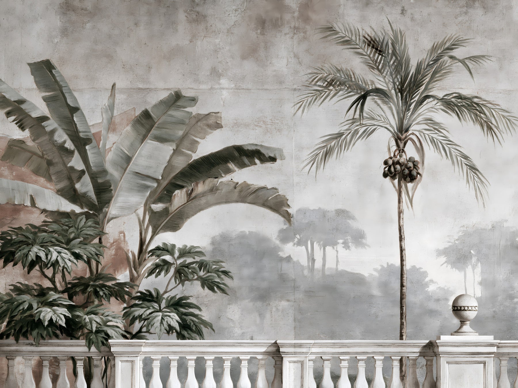 Murale da parete con scena vintage di una balaustra tropicale