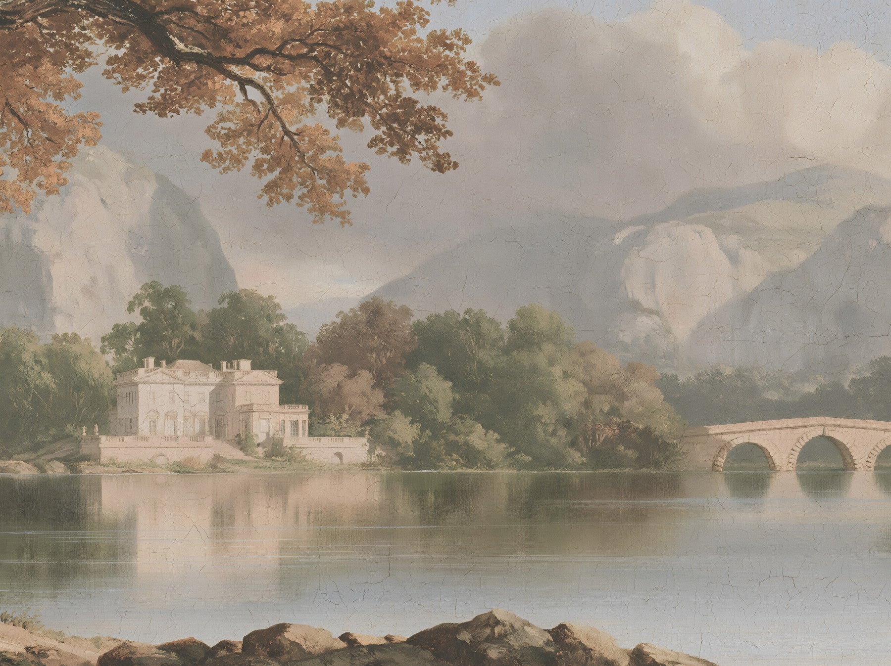 Panorama mural « Refuge au bord d’un lac de montagne brumeux »