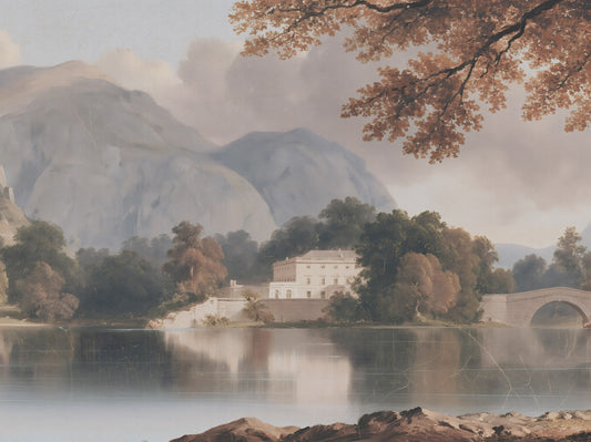 Fresque murale de paysage représentant un domaine paisible au bord d’un lac de montagne