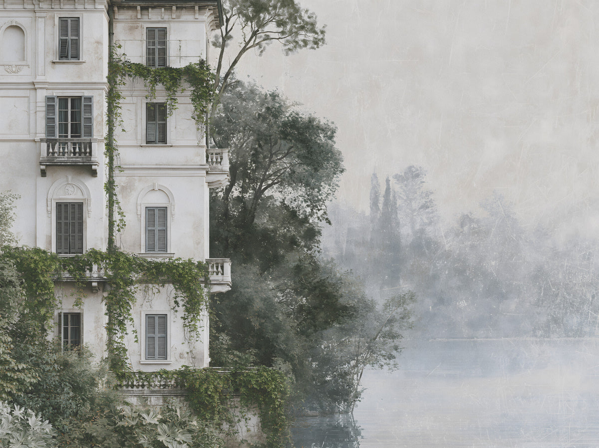 Fresque murale panoramique « Havre architectural botanique brumeux » in your room