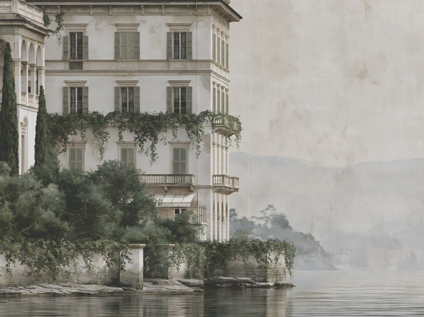 Murale da parete abbozzato di una tenuta sul lago avvolta nella nebbia