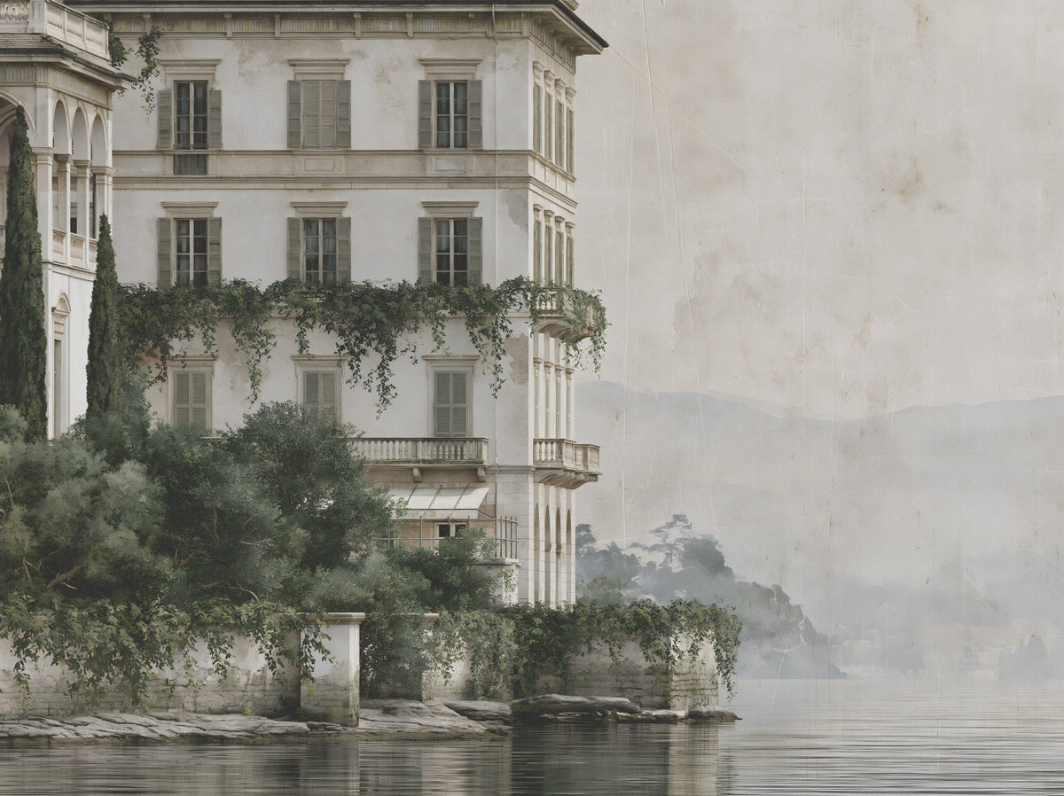 Skitsevægmaleri af herregård ved en tåget søbred in your room — zoomed