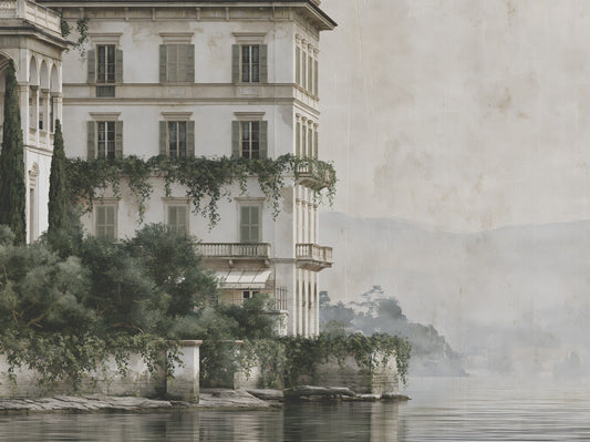 Fresque murale esquissée du manoir au bord du lac brumeux