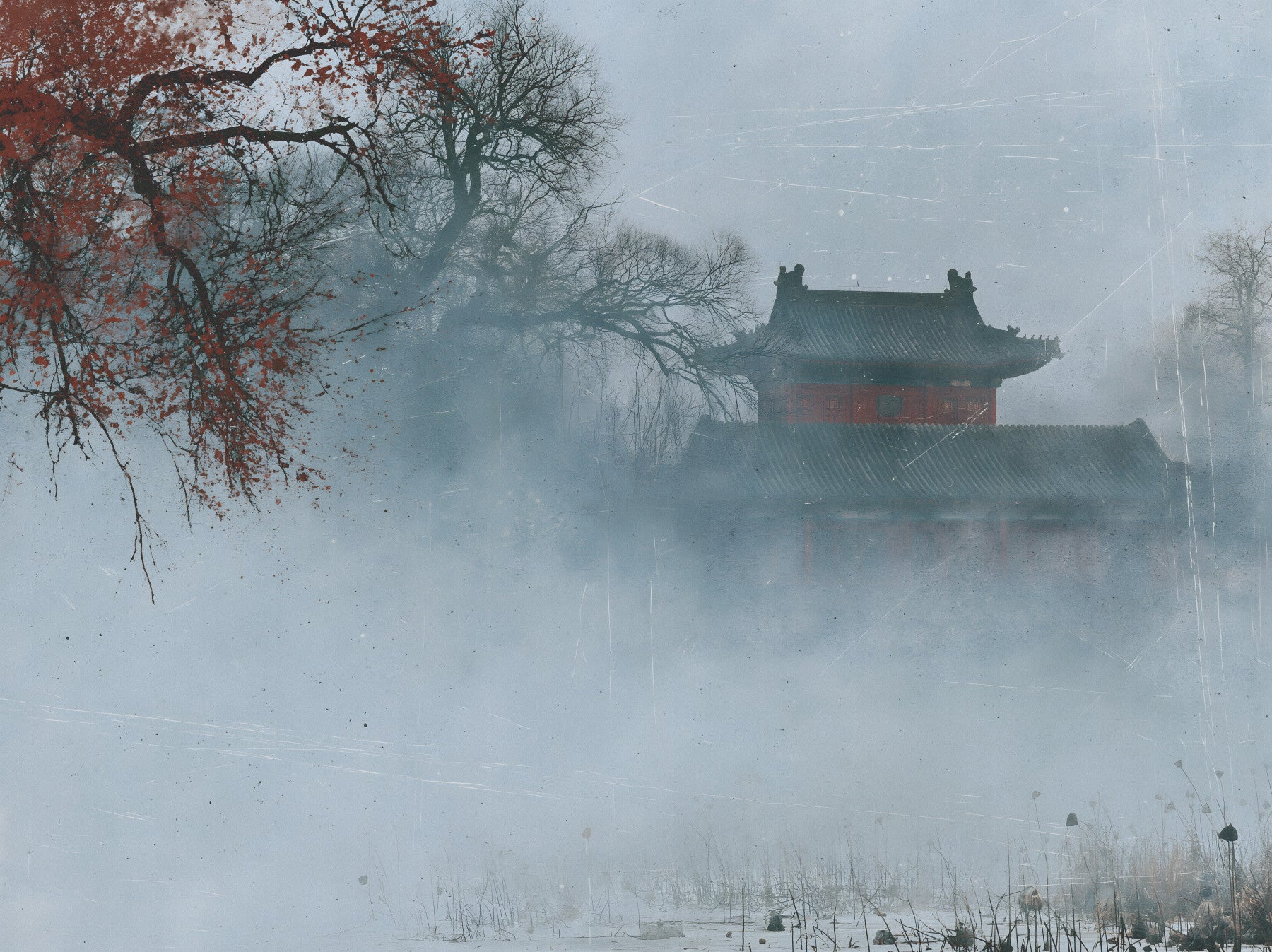 Wandgemälde „Karmesinrote Pagode im Winternebel“