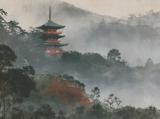 Ancient Temple in Foggy Woods Wall Mural