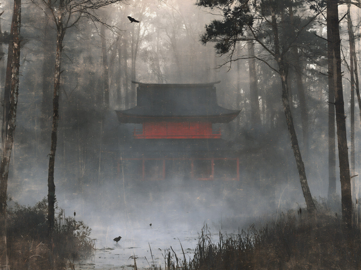 Fresque murale « Temple zen dans une forêt brumeuse »