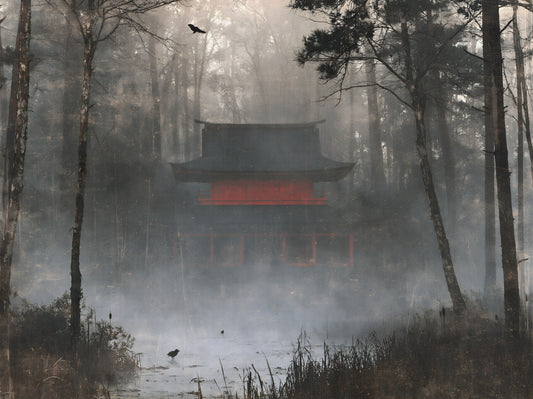Fototapet mural cu templu zen într-o pădure cețoasă