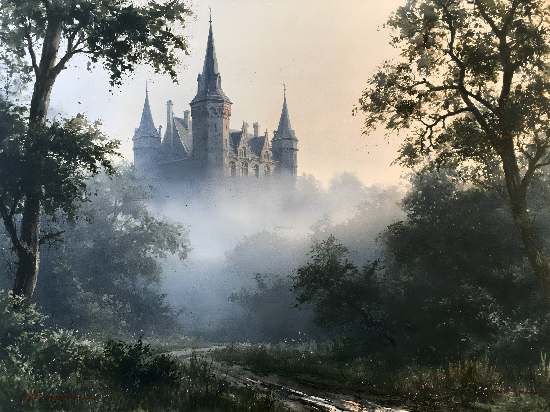 Gotisch kasteel in ochtendmist als wandmural