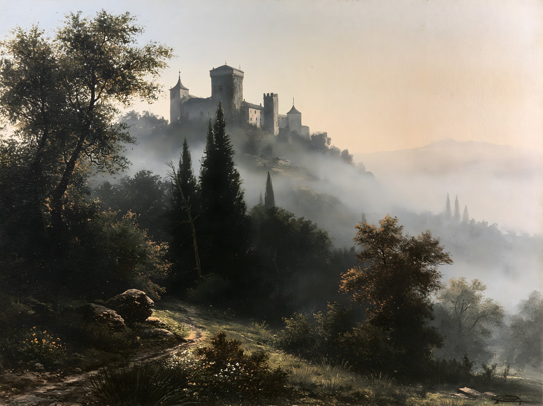 Wandgemälde „Vergessene Festung im Morgennebel“