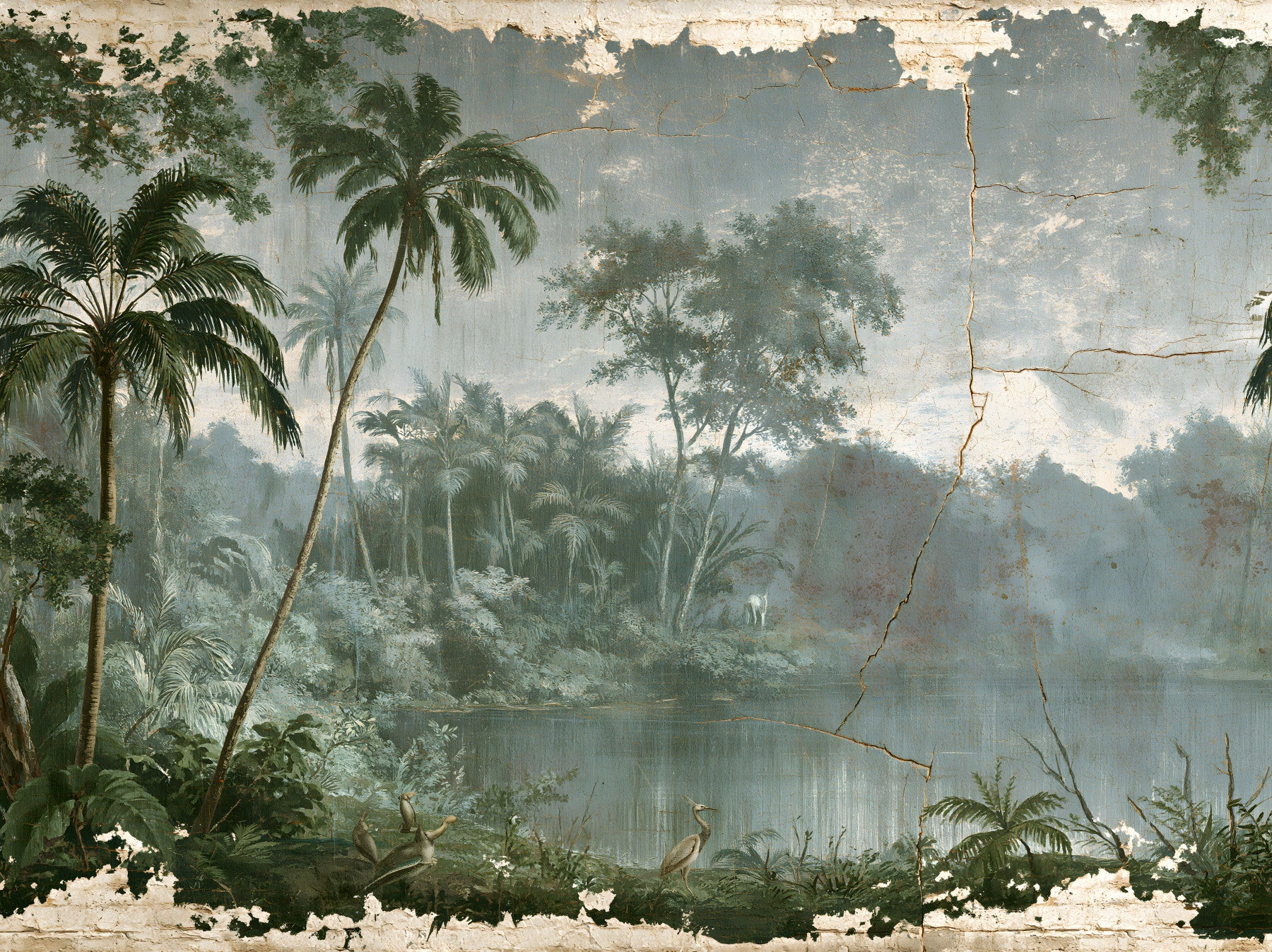 Murale da parete con scena botanica d’epoca lungo il fiume