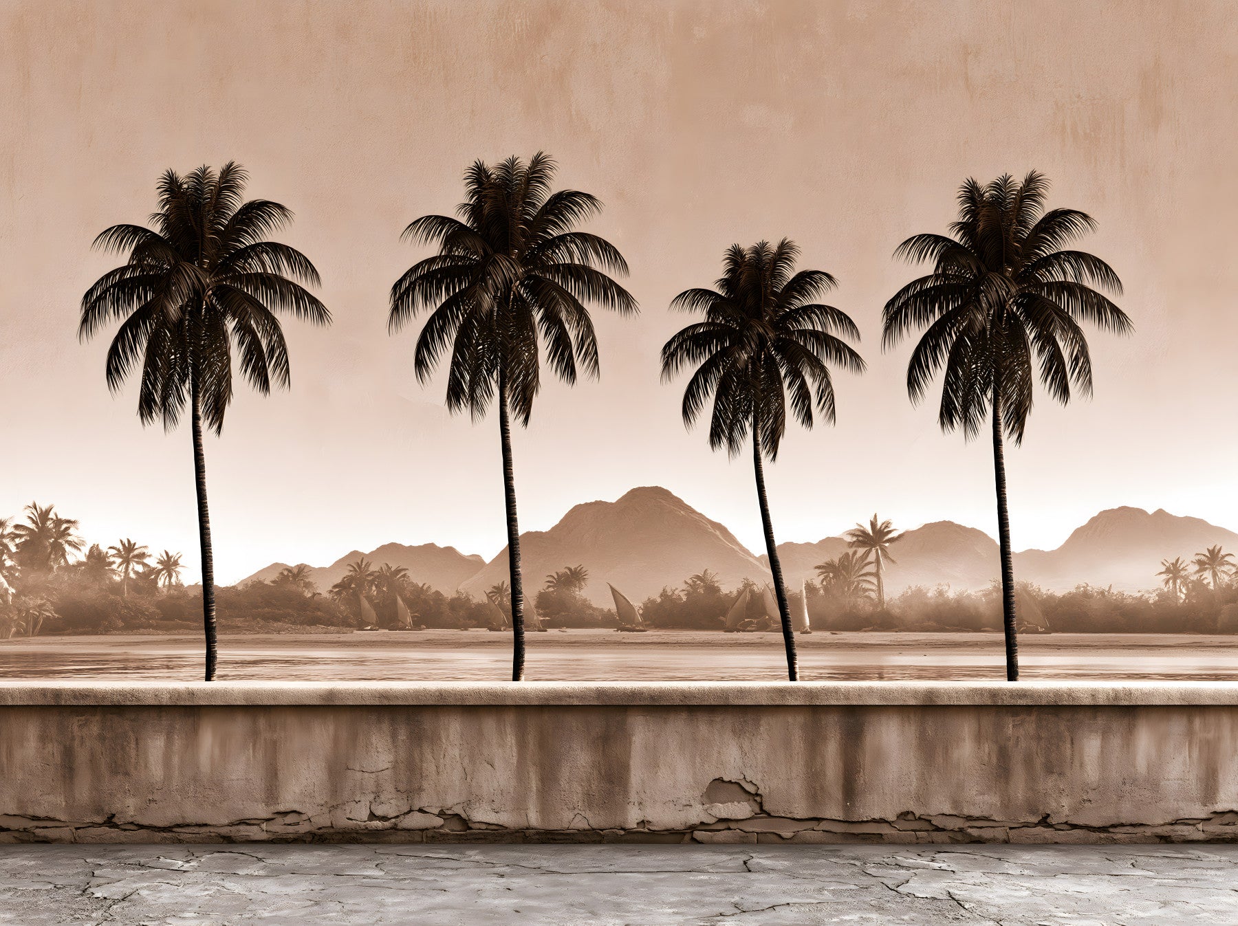 Fototapet mural cu peisaj de coastă și palmieri în tonuri sepia
