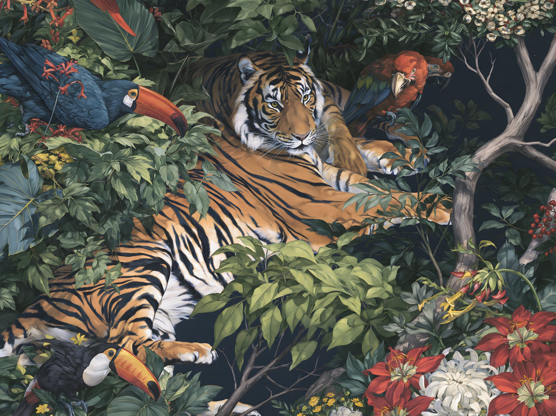 Fresque murale « Jungle nocturne, tigre et toucans »