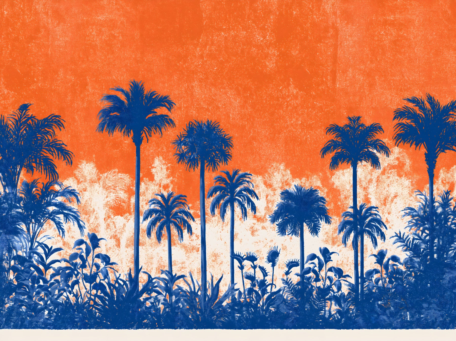 Fresque murale panoramique abstraite représentant une canopée tropicale au coucher du soleil
