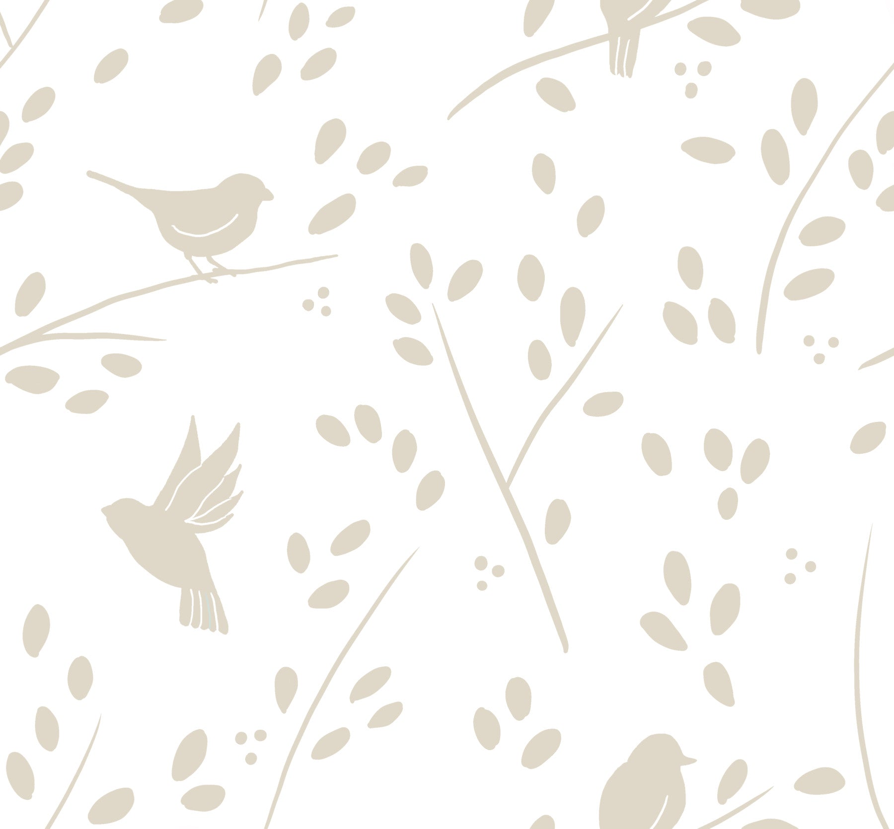 Minimalistische Gartenvögel auf Tapete in sanftem Taupe