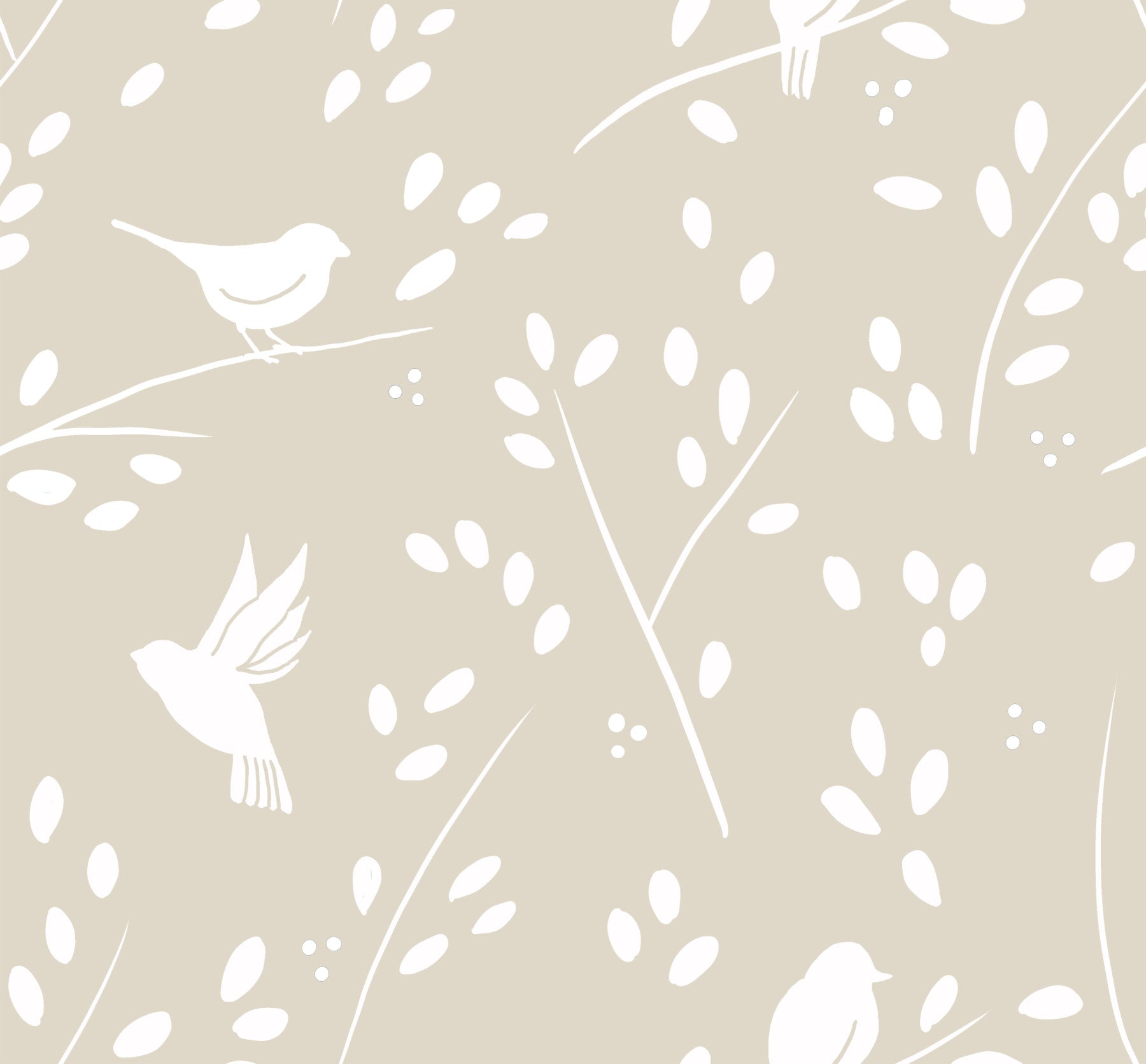 Ruhige minimalistische Garten­vögel auf Tapete in sanftem Taupe