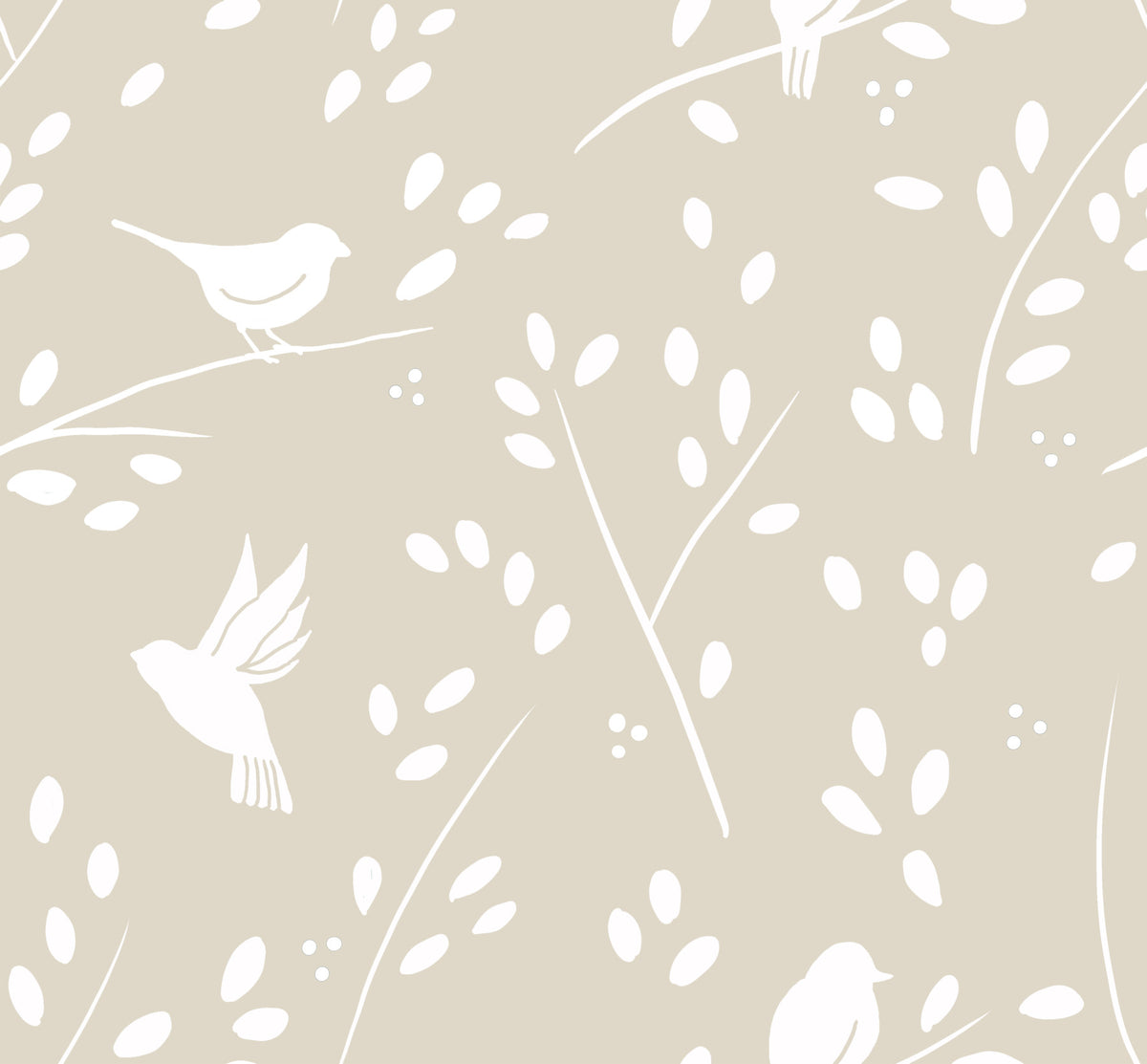 Ruhige minimalistische Garten­vögel auf Tapete in sanftem Taupe in your room — zoomed