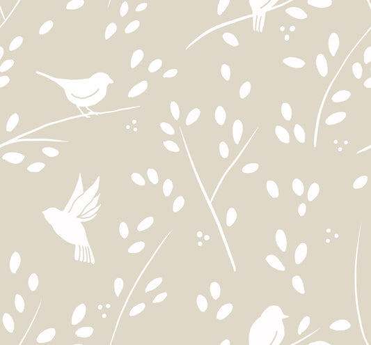 Papier peint « Oiseaux de jardin minimalistes et sereins » en taupe doux