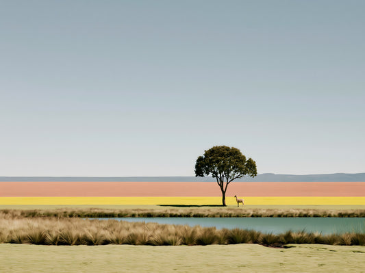 Fresque murale panoramique représentant un oasis désertique minimaliste