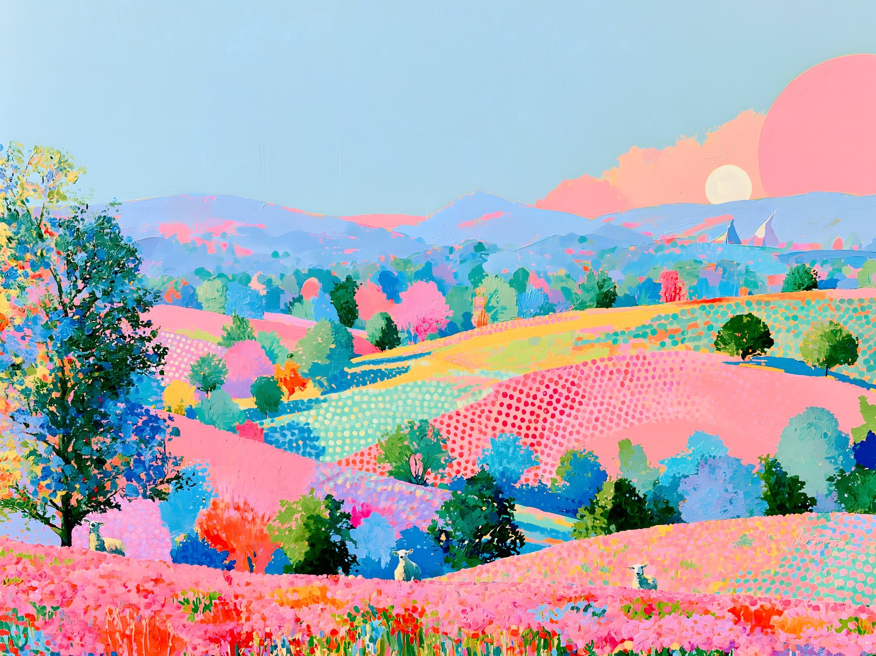 Lebhaftes Pastell-Hügelpanorama als Wandbild